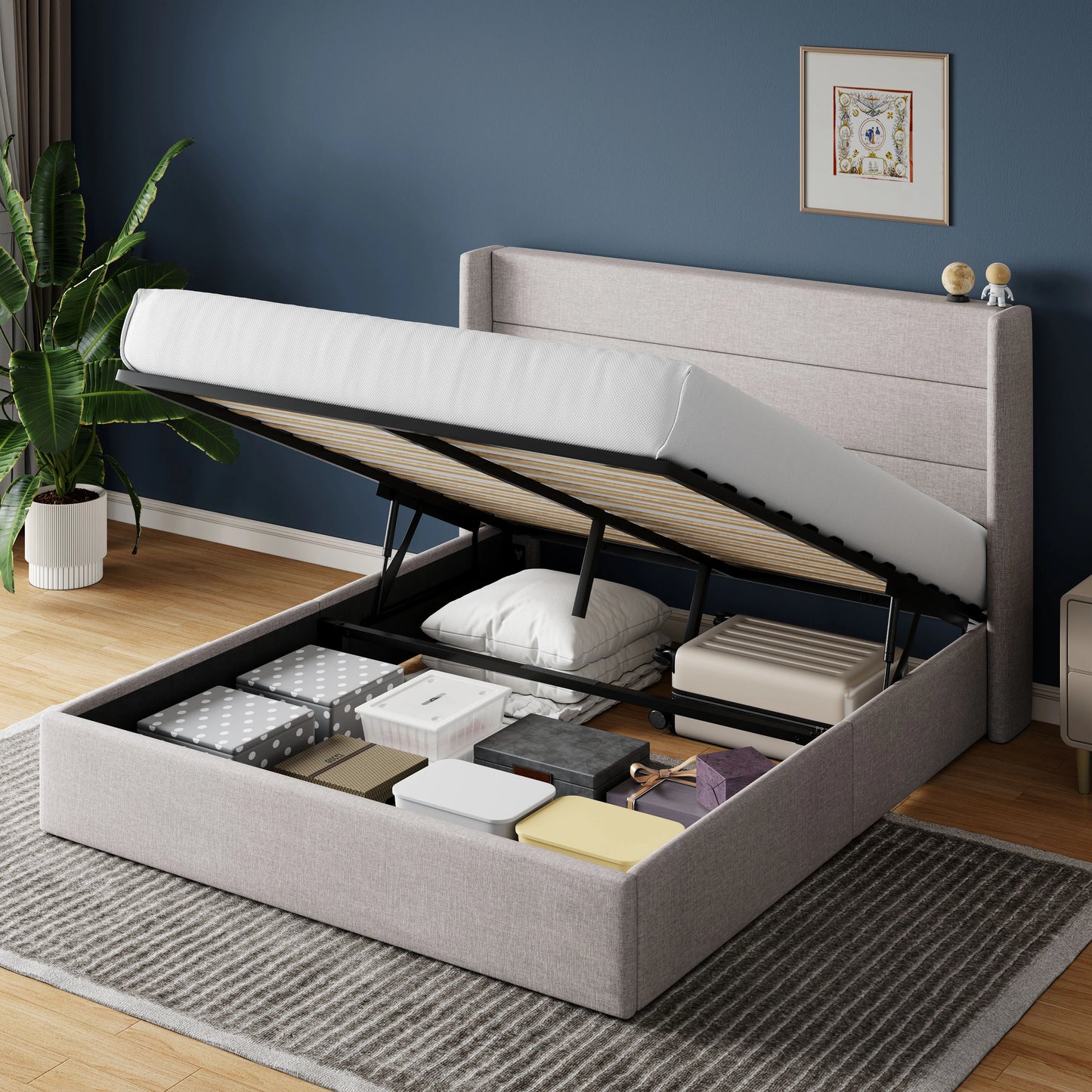 HOOMIC Lift Up Storage Bed With Wingback Headboard And Storage