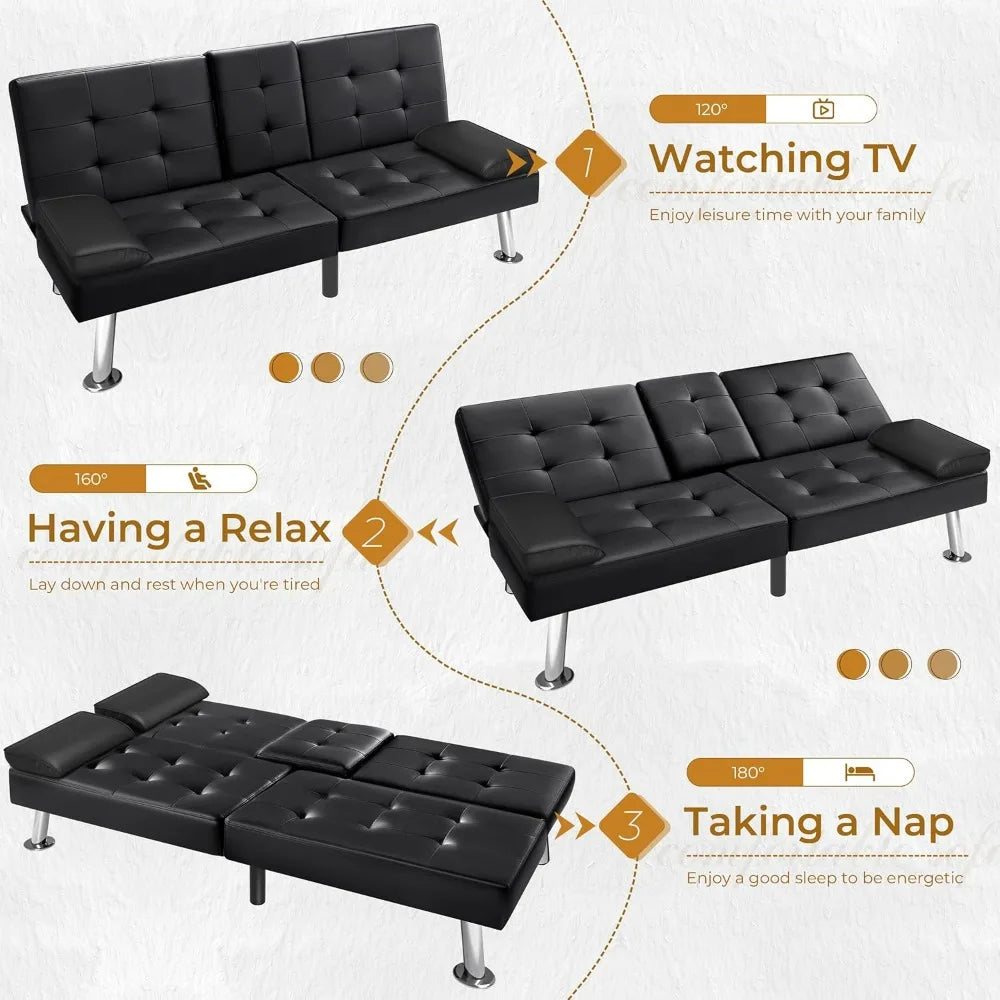 Futon Sofa Bed Faux Leather Couch With Cup Holders