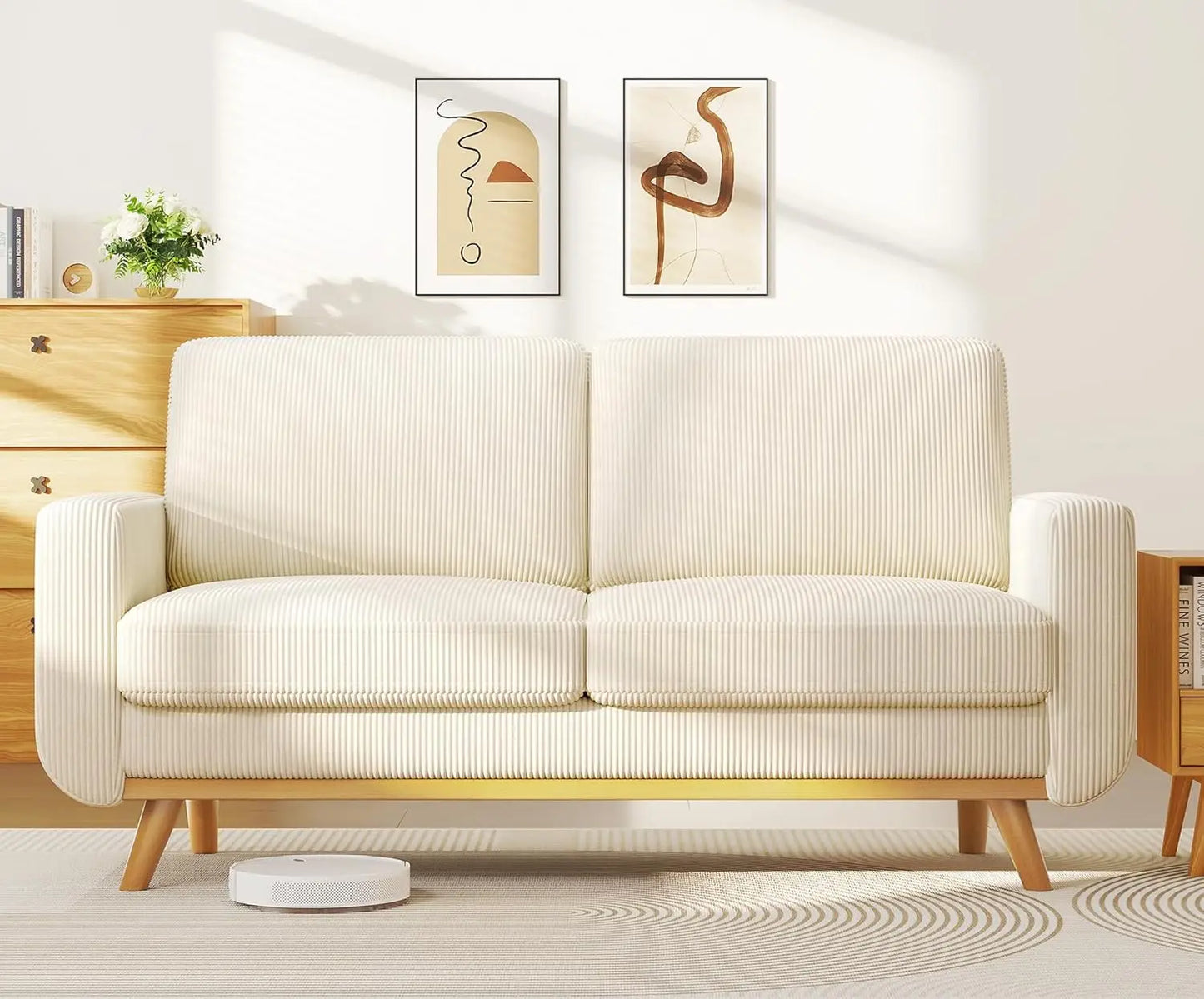 HUANZHUANG Modern Loveseat Sofa Corduroy Fabric Wood Frame Spring Cushion
