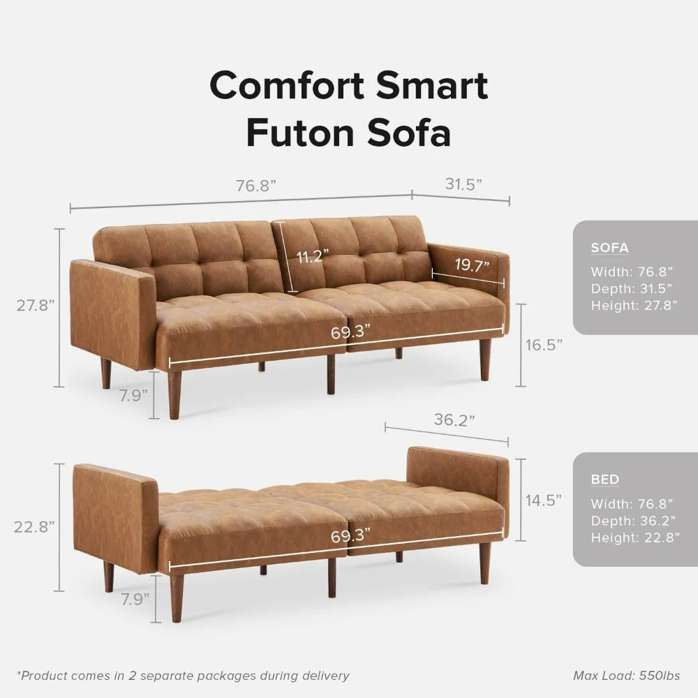 Mid Century Futon Sofa Bed PU Leather Loveseat Wood Frame