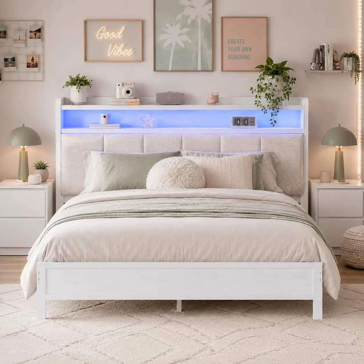 Full Size Metal Bed Frame With LED Lights And Charging