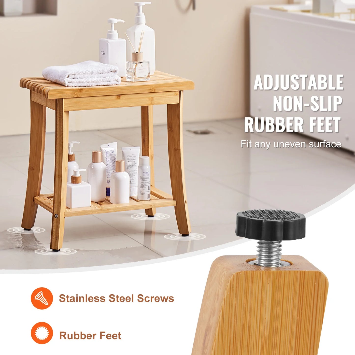 SucceBuy Bamboo Shower Bench Waterproof Shower Stool With Storage Shelf 330lbs