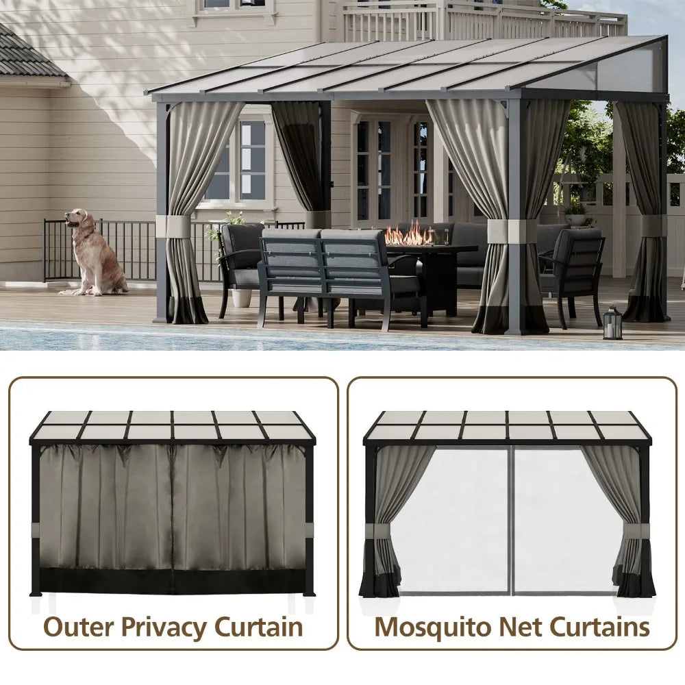 DUOFU Wall Mounted Gazebo Hardtop Metal Frame With Curtains Patio