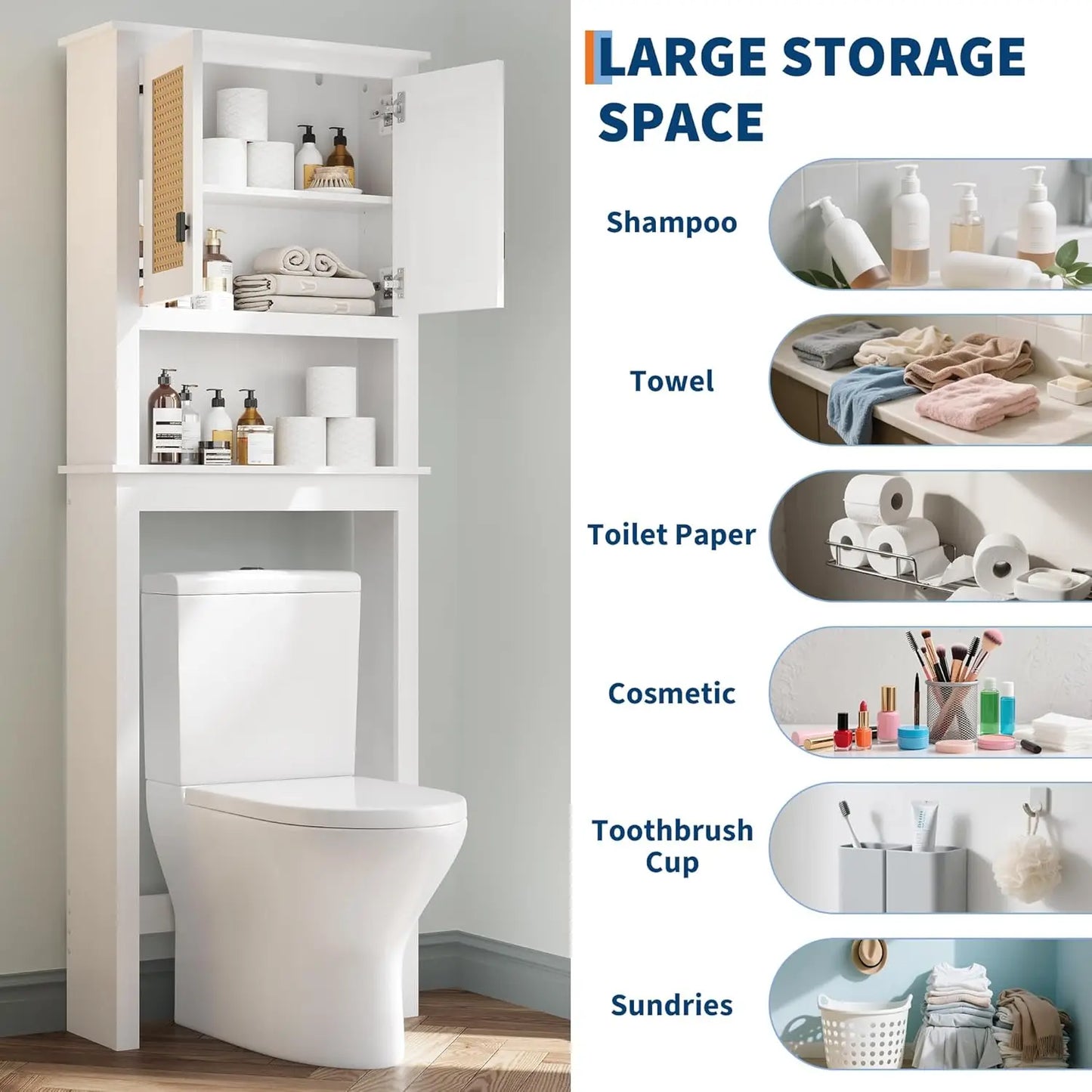 Farmhouse Over Toilet Storage Cabinet With Natural Rattan Doors