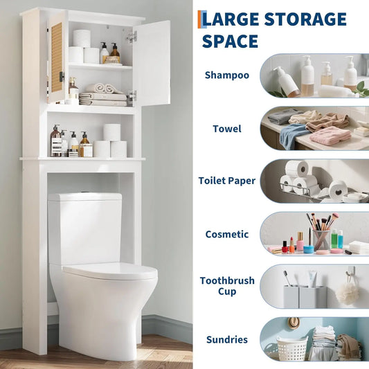 Farmhouse Over Toilet Storage Cabinet With Natural Rattan Doors