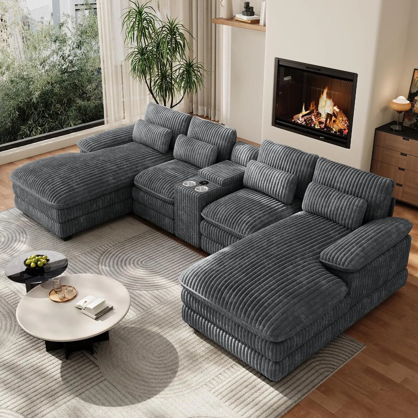 U Shaped Modular Sectional Sofa Chenille With Double Chaise Storage Console USB