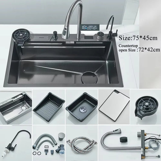 MYQualife 304 Stainless Steel Waterfall Kitchen Sink Faucet Set Dispenser