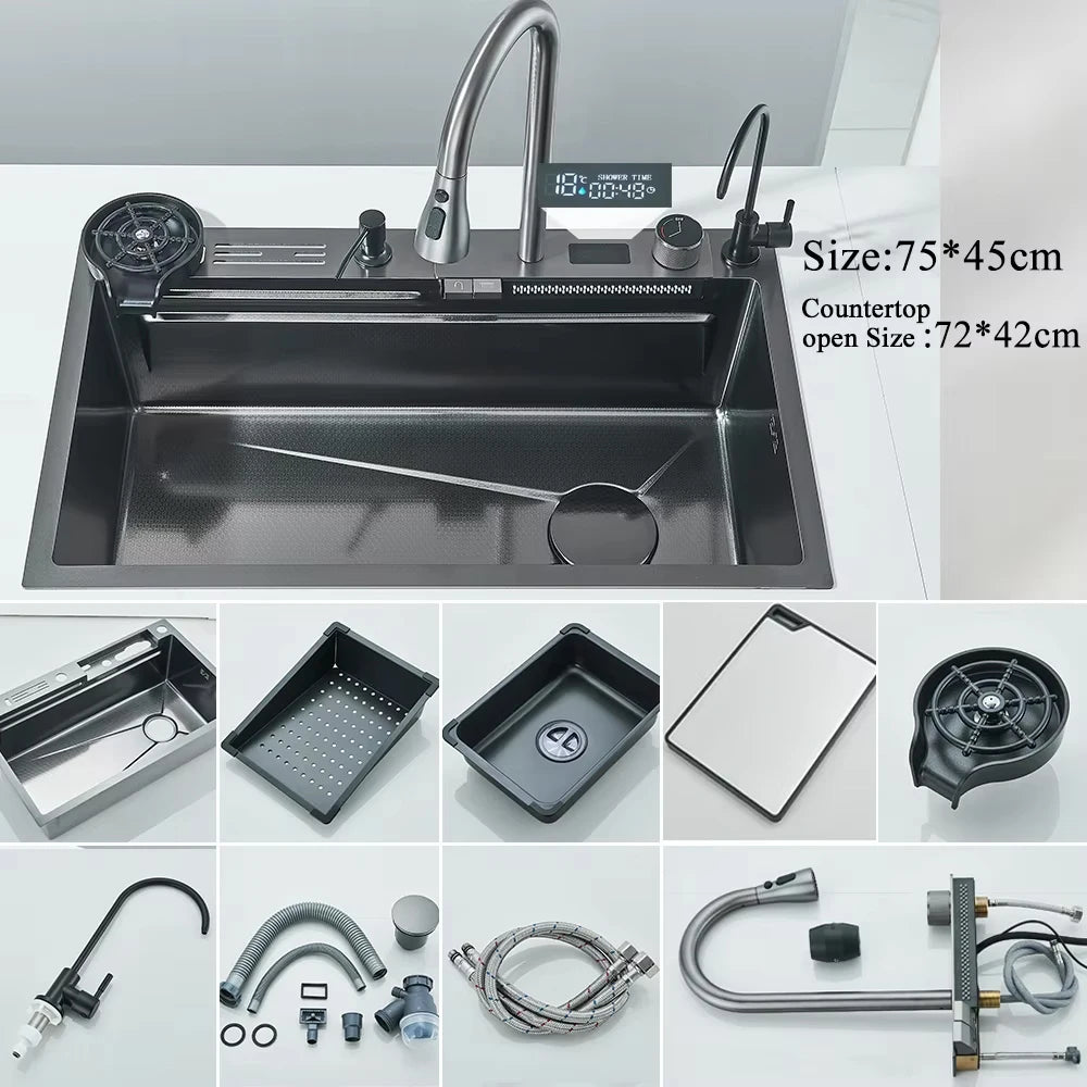 MYQualife 304 Stainless Steel Waterfall Sink Faucet Set With Digital Display