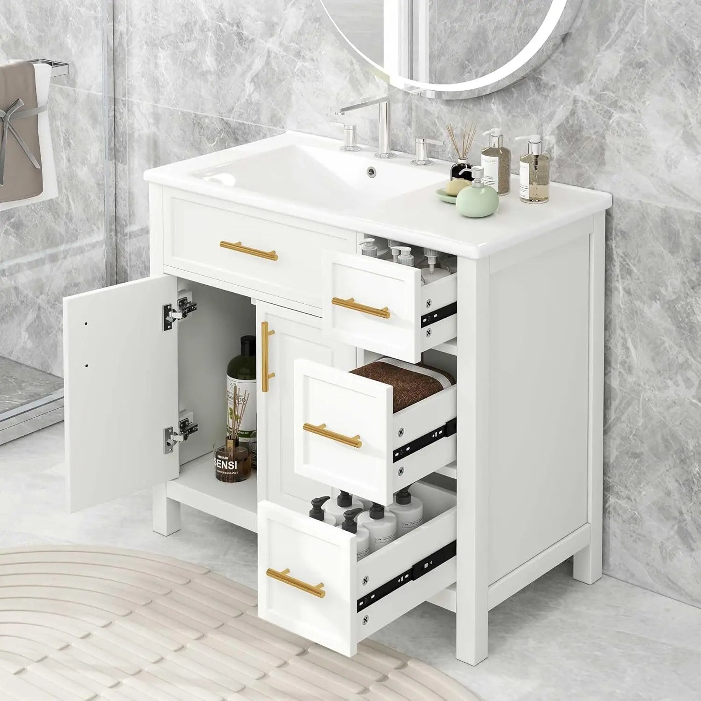 Bathroom Vanity With Sink Cabinet Two Doors And Three Drawers