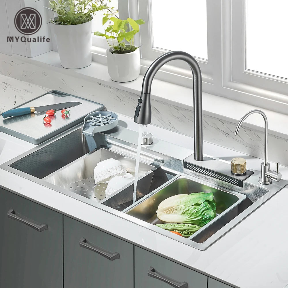 MYQualife Stainless Steel Undermount Kitchen Sink With Tap Drains