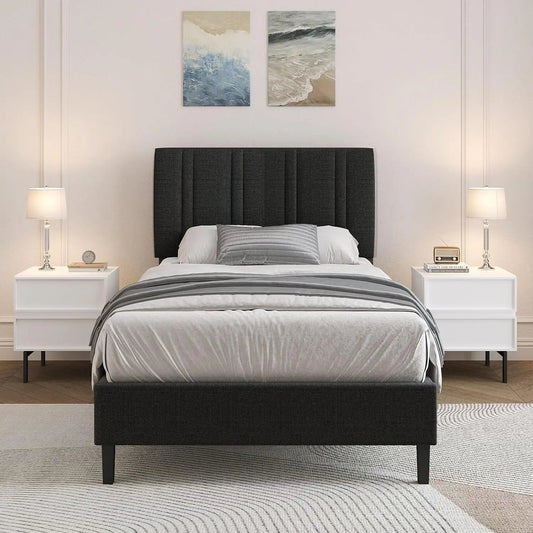 Twin Bed Frame With Adjustable Upholstered Headboard Linen Fabric