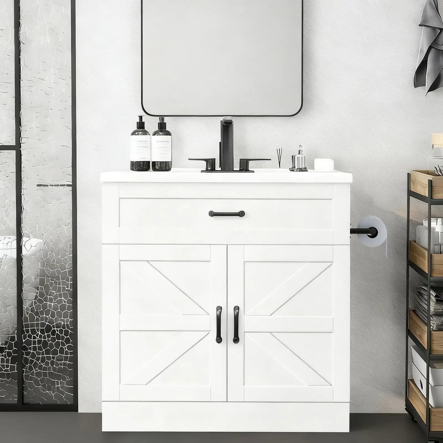 Bathroom Vanity With Sink Farmhouse Cabinet Drawer And Barn Door Towel Bar