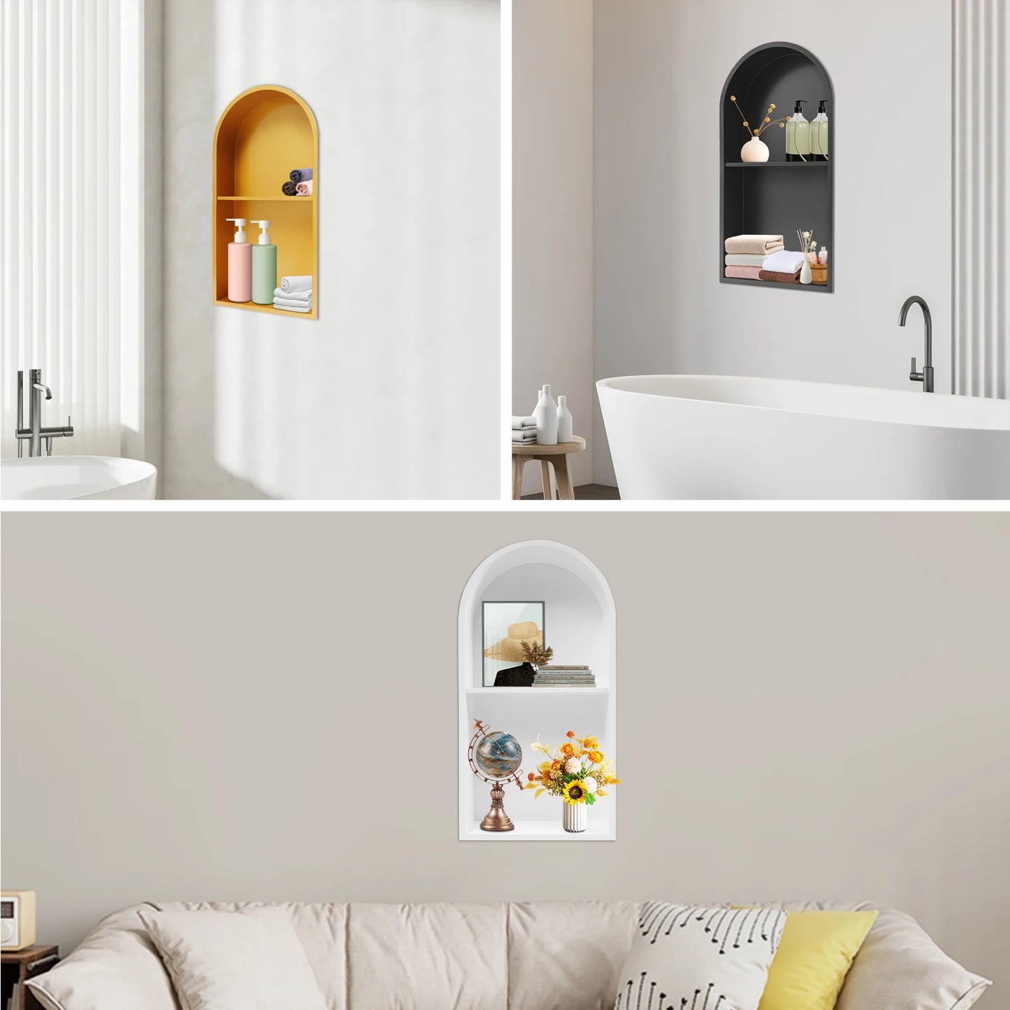 Dual Tier Arched Wall Mounted Shower Niche in Stainless Steel