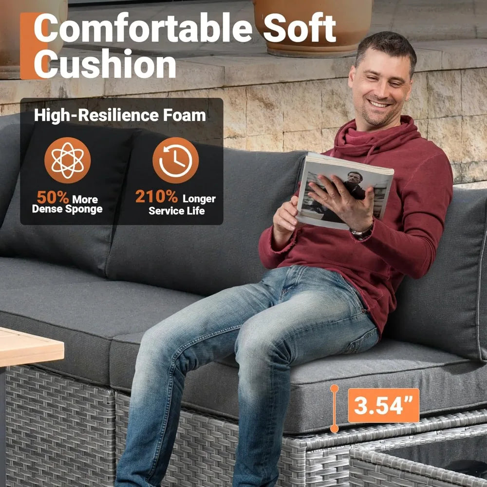 11 Piece Outdoor Patio Furniture Set with Fire Pit Table,Conversation Sectional Wicker Couch with Swivel Chairs,