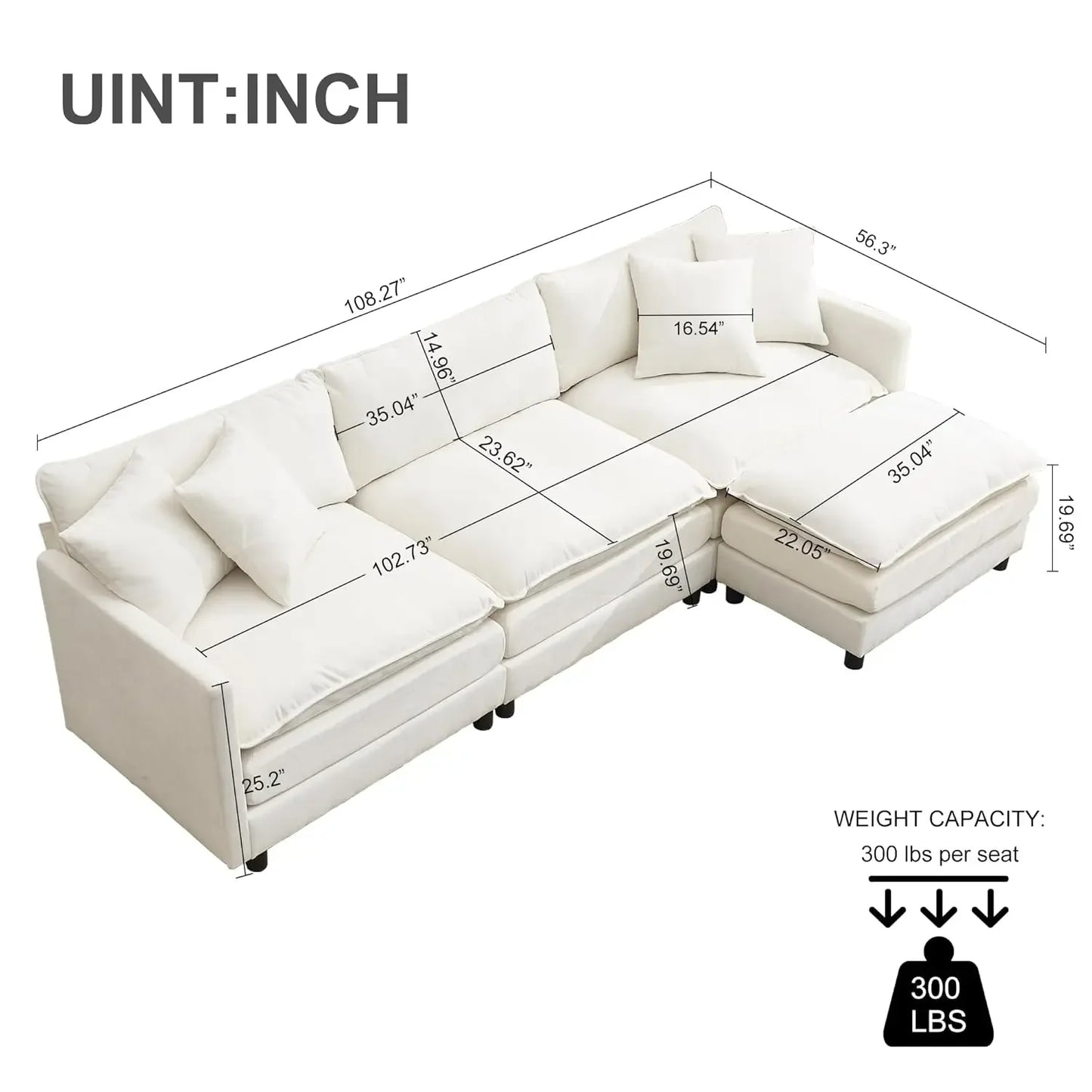 108" Cloud Sectional Couches for Living Room,Convertible L-Shape Couch with Ottoman,3 Seater Modular Sectional Sofa, Customized