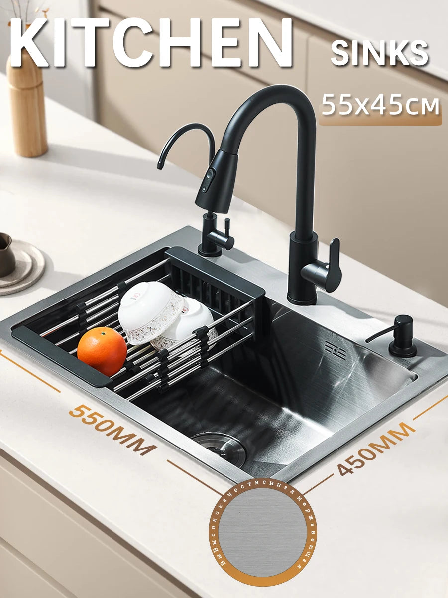 Quyanre Stainless Steel Kitchen Sink With Retractable Faucet And Soap Dispenser