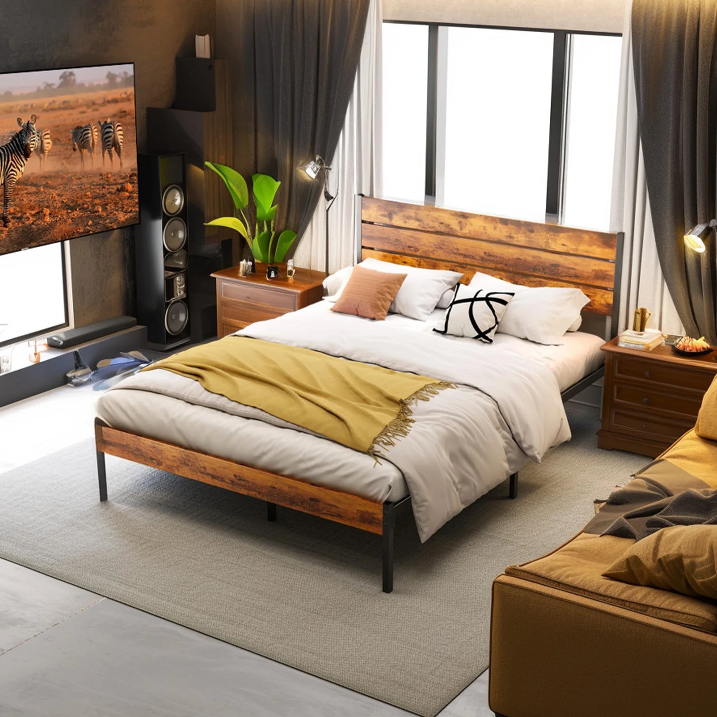 JHK Metal Platform Bed Frame With Headboard And Footboard And Wooden Slats