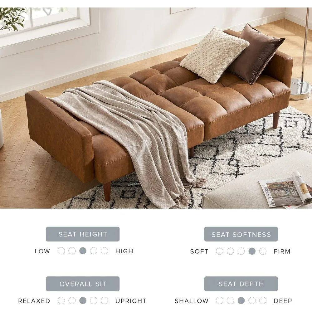 Mid Century Futon Sofa Bed PU Leather Loveseat Wood Frame