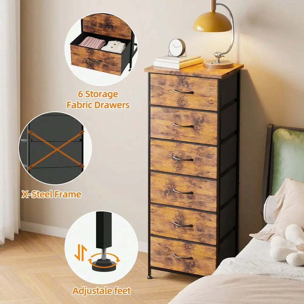 Six Drawer Nightstand Fabric Dresser For Bedroom Storage