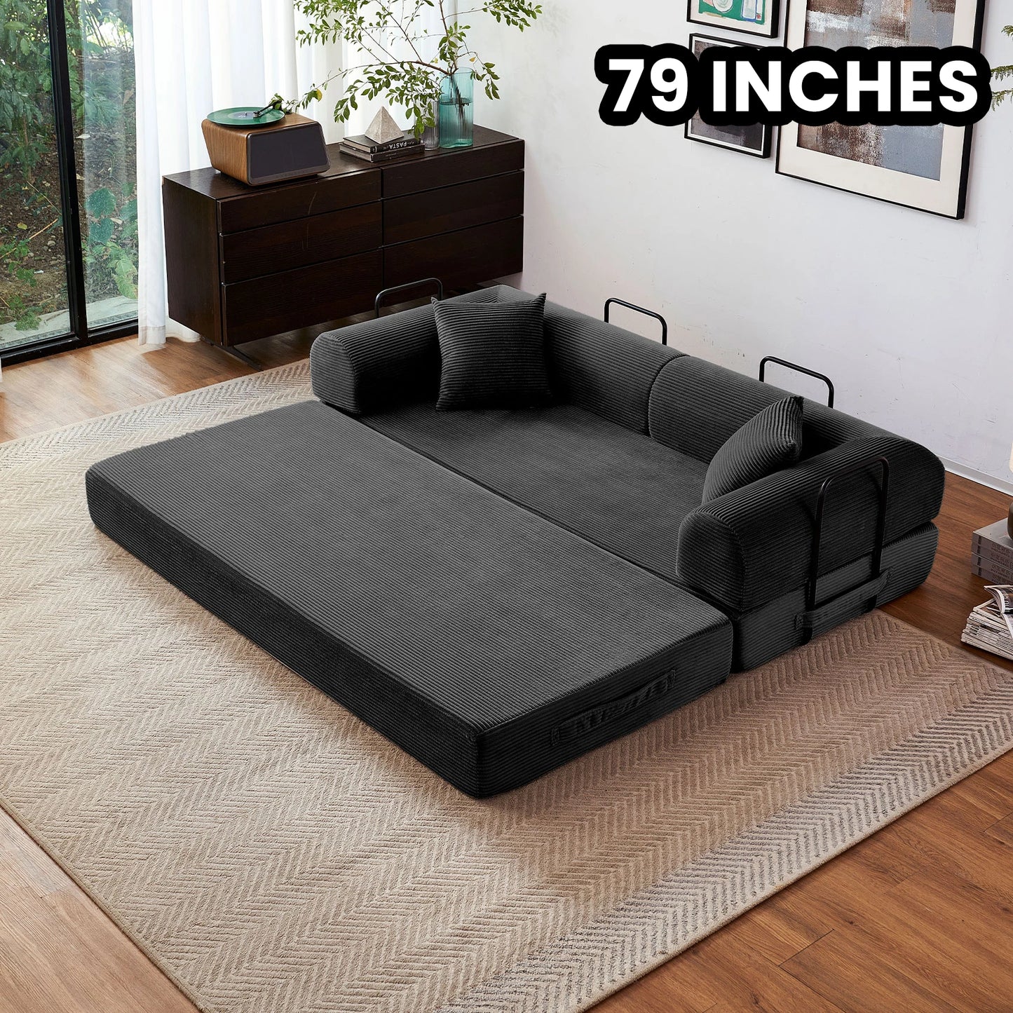 Foldable Convertible Futon Sofa Bed With L Shaped Armrests