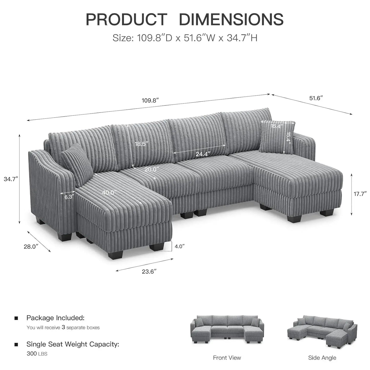 U Shape Reversible Sectional Sofa With Ottoman Corduroy Living Room