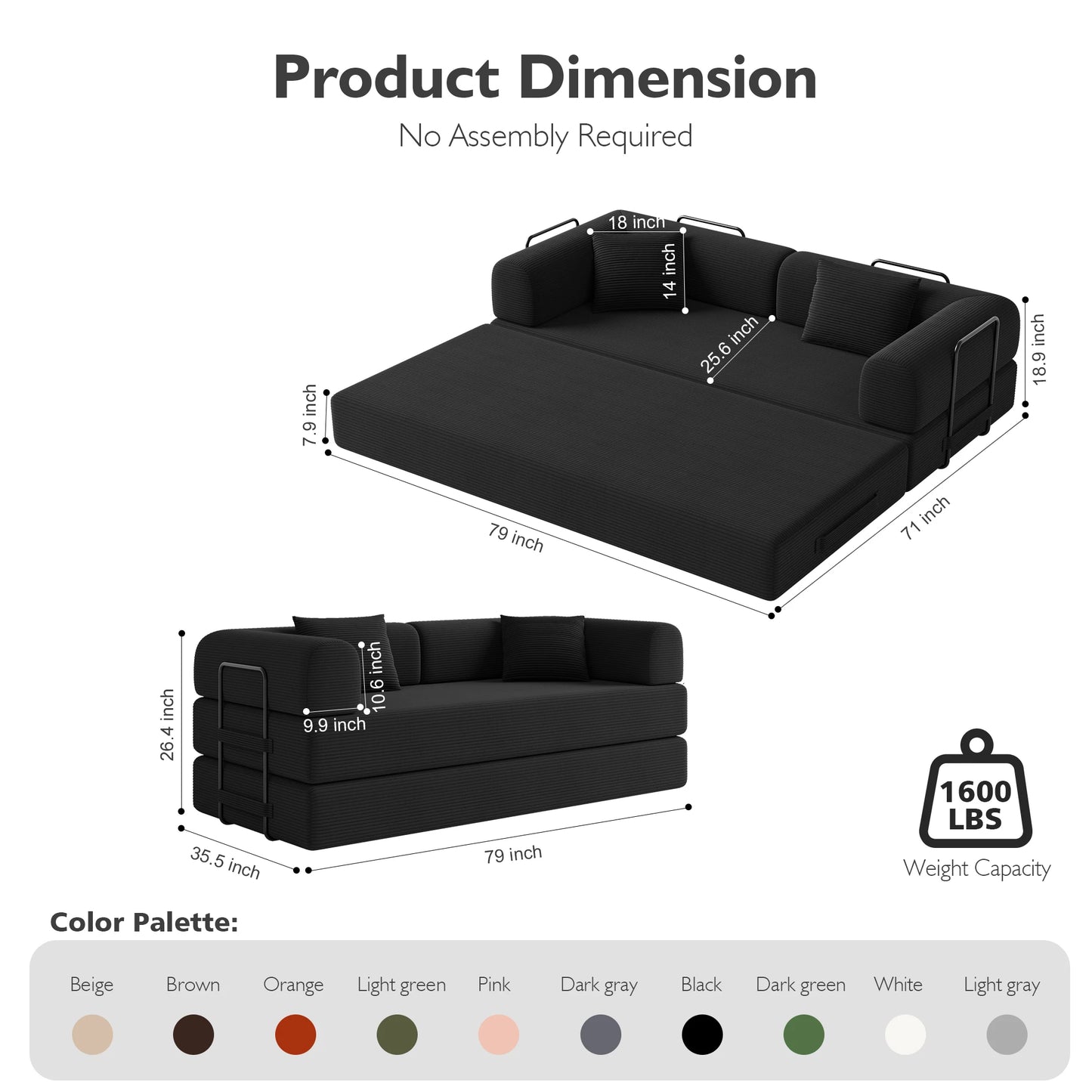 THOLASIS Convertible Floor Sofa Bed 5 in 1 Modular Sofa