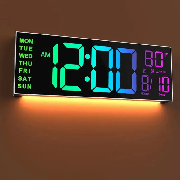 Digital Wall Clock Remote Timer Alarm Big LED Screen 8 RGB Colors Temperature