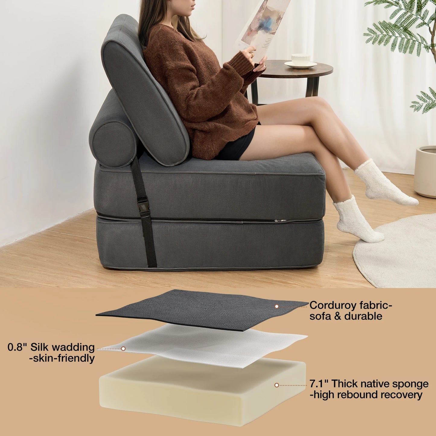 Folding Sofa Bed With Back Support Pillows For Living Room