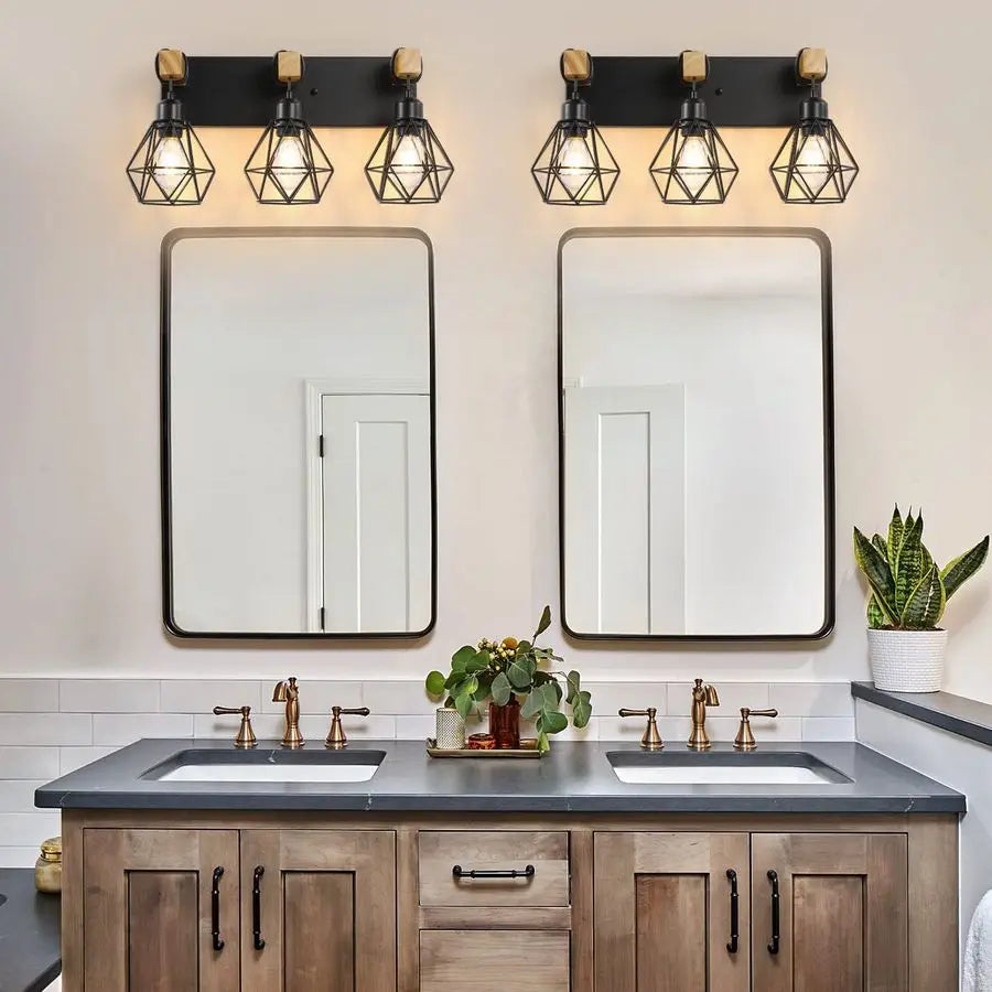 Farmhouse Wood Vanity Light Fixtures Over Mirror Sconces