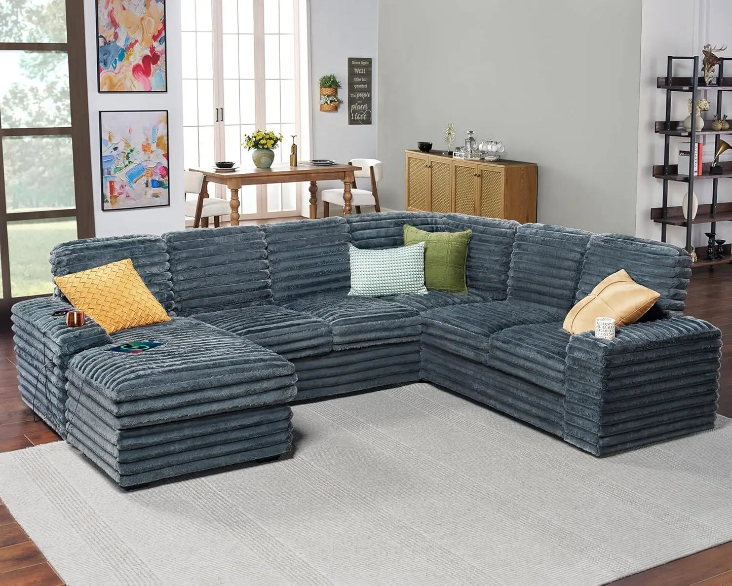 U Shaped Couch Sofa With Storage Chaise And USB Ports