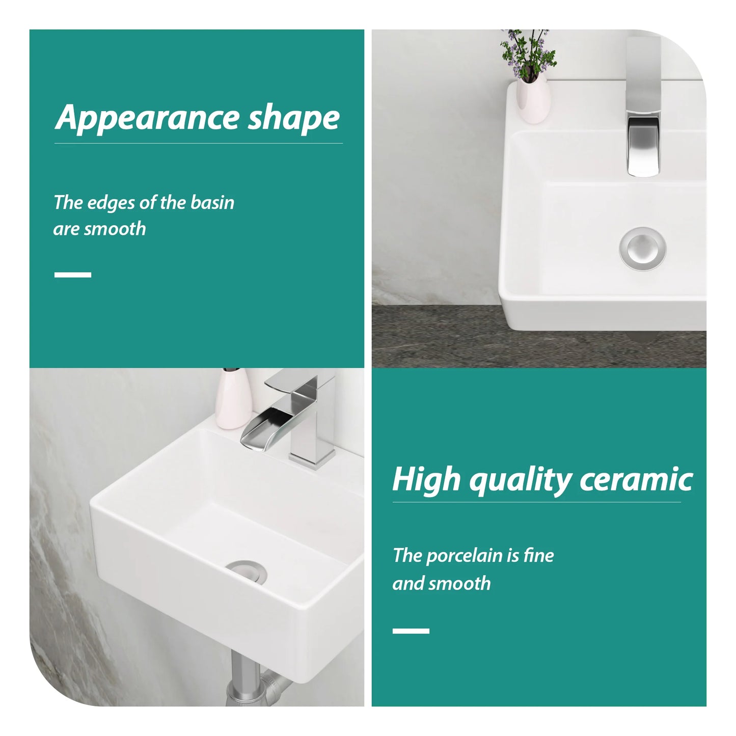 13.6x11.6” White Ceramic Rectangular Wall Mount Bathroom Sink with Single Faucet Hole ( Faucet and Sink Undermount Not Included)
