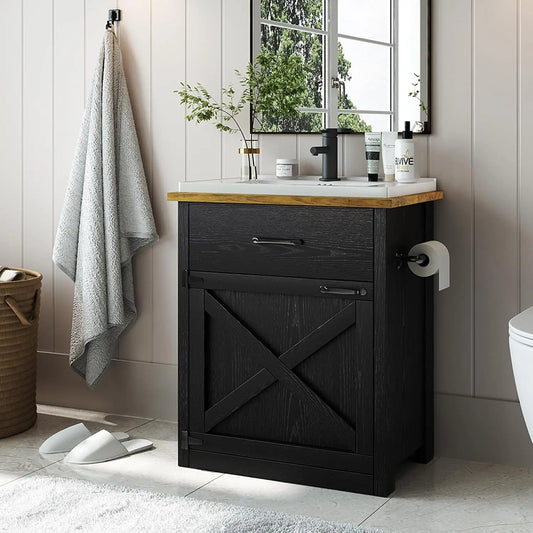 Bathroom Vanity With Sink Farmhouse Cabinet Drawer And Barn Door Towel Bar