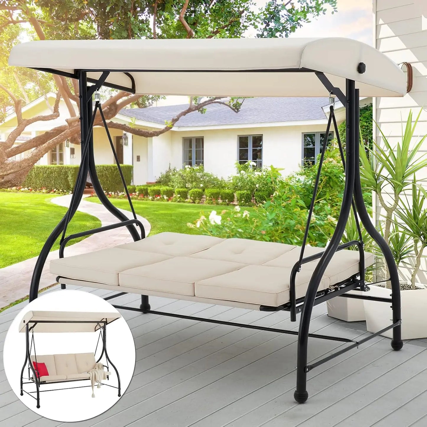 Outdoor Patio Swing Chair 3 Seat Canopy With Adjustable Backrest