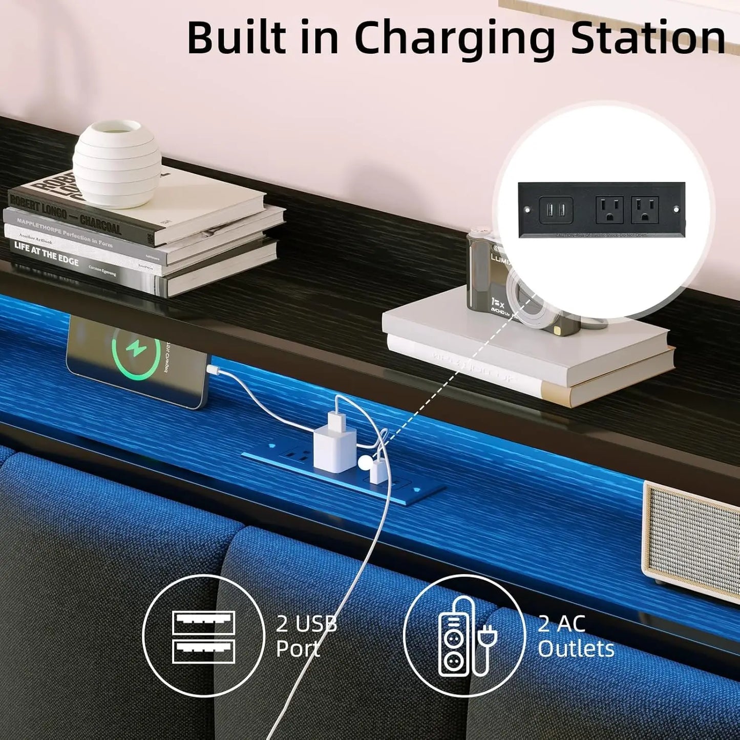 Full Size Metal Bed Frame With LED Lights And Charging