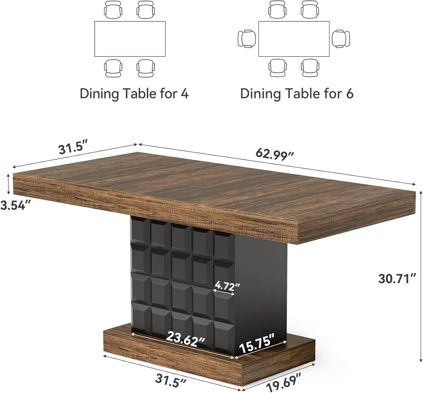 Modern Rectangular Farmhouse Dining Table With Sturdy Wood Pedestal Base