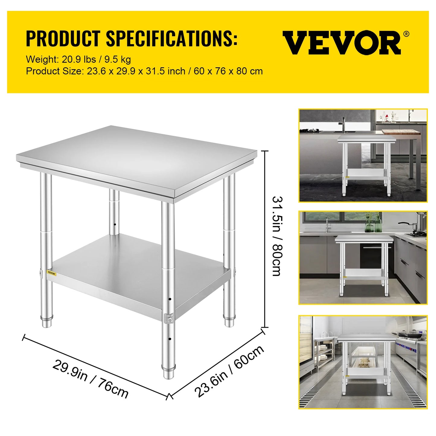 Stainless Steel Kitchen Work Bench With Undershelf 330 LBS Capacity