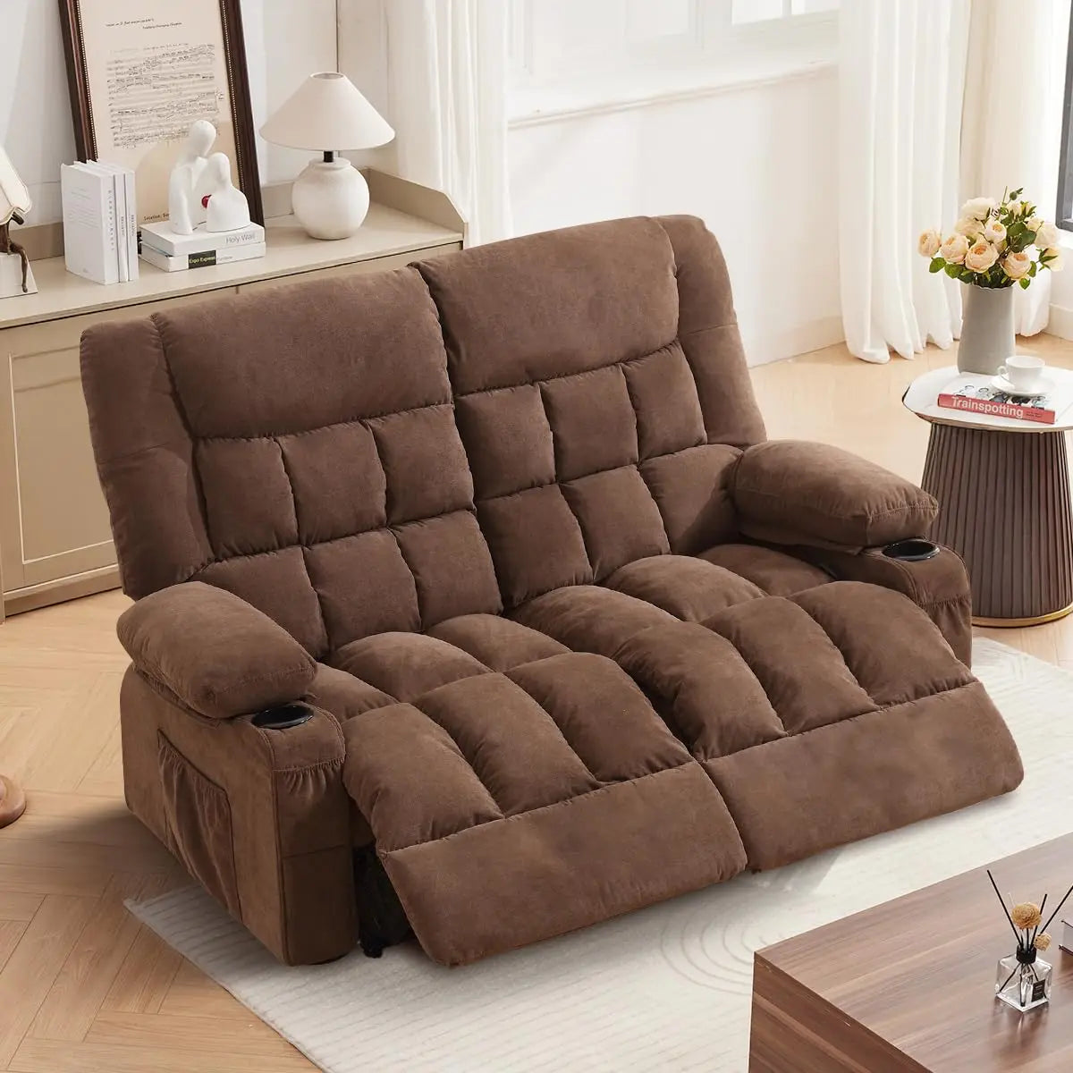 GUANGBAI Ergonomic Manual Recliner Loveseat With Cup Holders