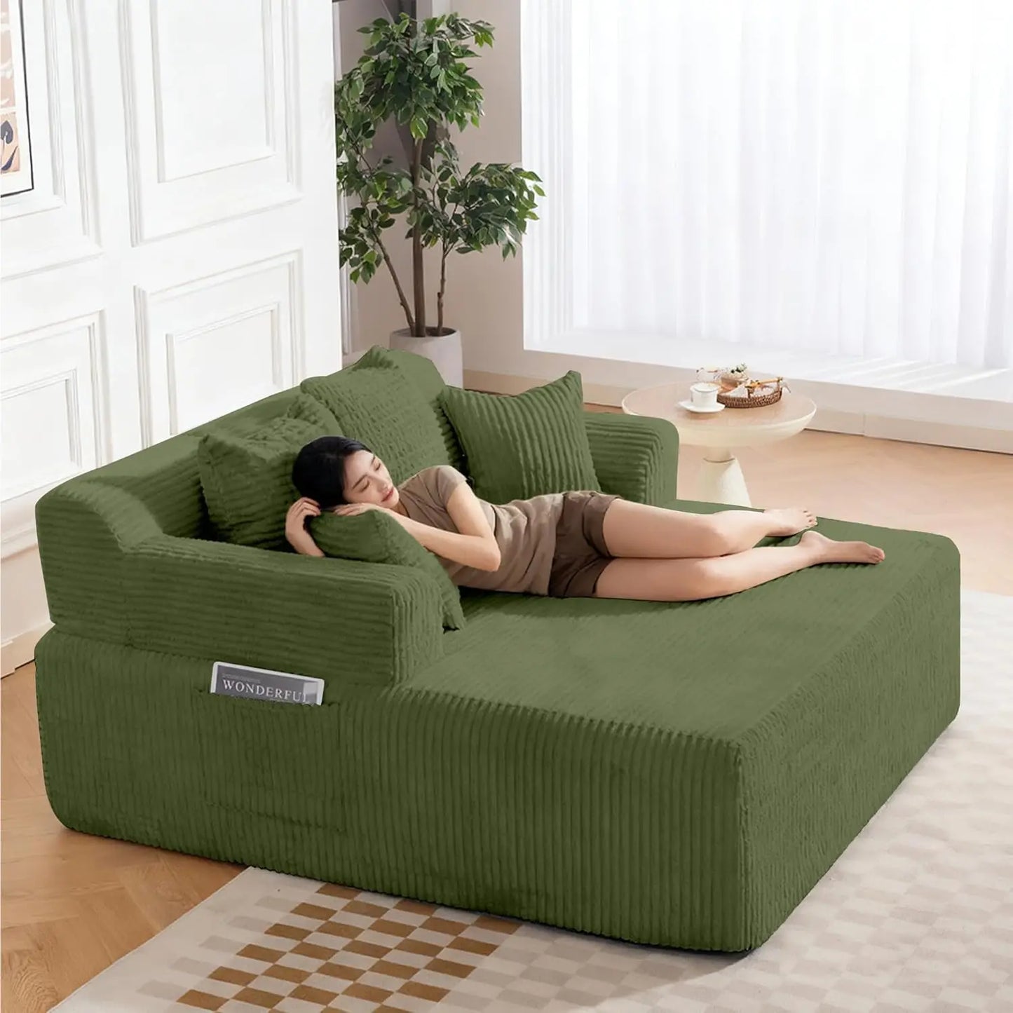 Modern L Shaped Corduroy Chaise Lounge Sofa Bed With Arms