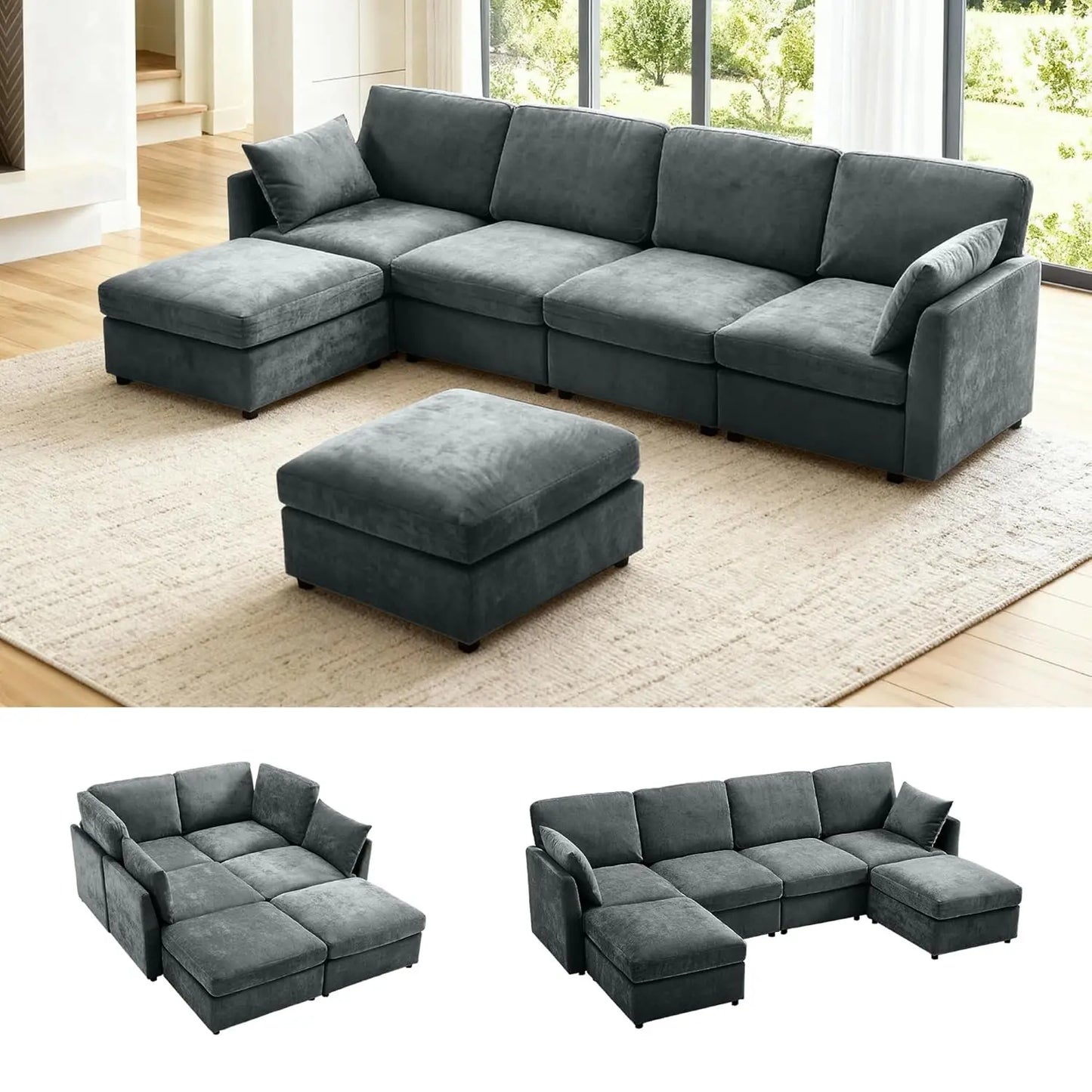 Modular U Shape Sectional Sofa With Chenille Cushions For Living Room