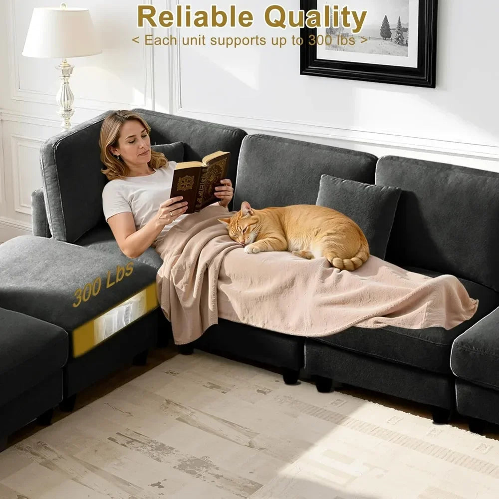 Guangbai Seven Seater Chenille Cloud Couch With Movable Ottoman Sofa