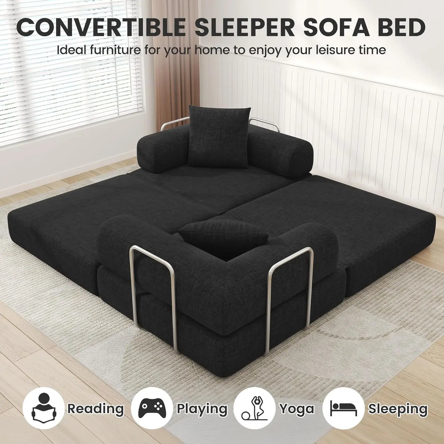 Foldable Convertible Sofa Bed With Foam Cushions And Fixed Frame