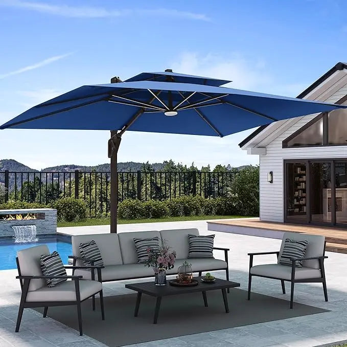 9' X 12' Patio Umbrella with LED Lights Outdoor Cantilever Large Rectangle Offset Umbrellas Heavy Duty Aluminum Double Top with