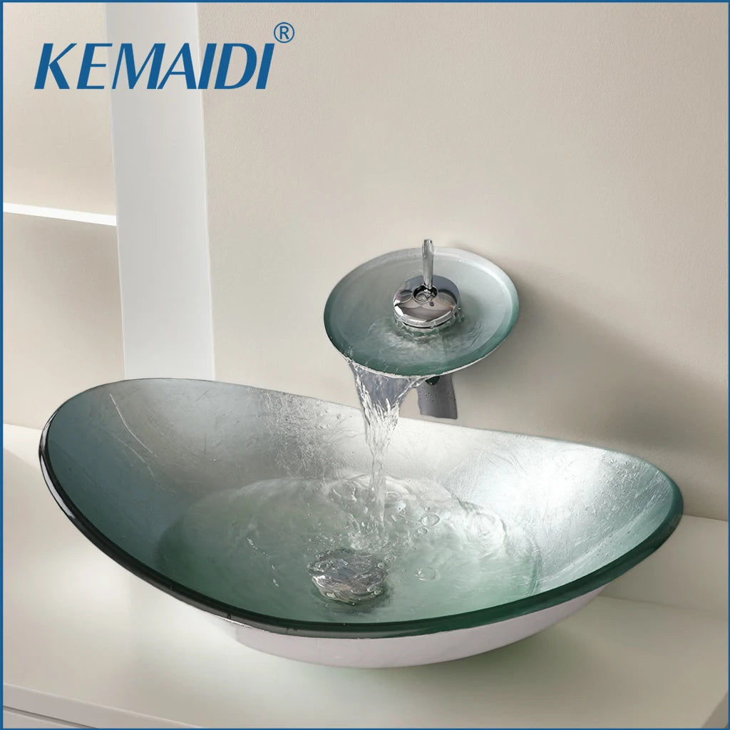KEMAIDI Bathroom Sink Countertop Basin Sink Tempered Glass Washbasin with Waterfall Faucet Mixer for Washroom Vessel Vanity Bar