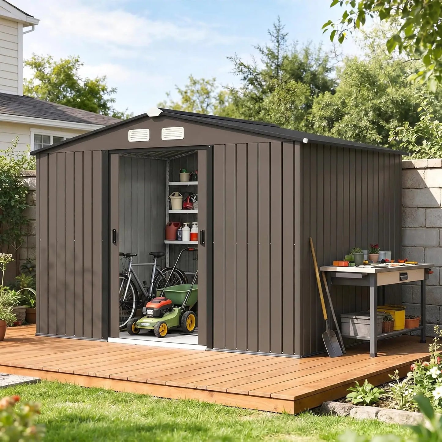 GELU Metal Storage Shed With Foundation Kit And Lockable Doors