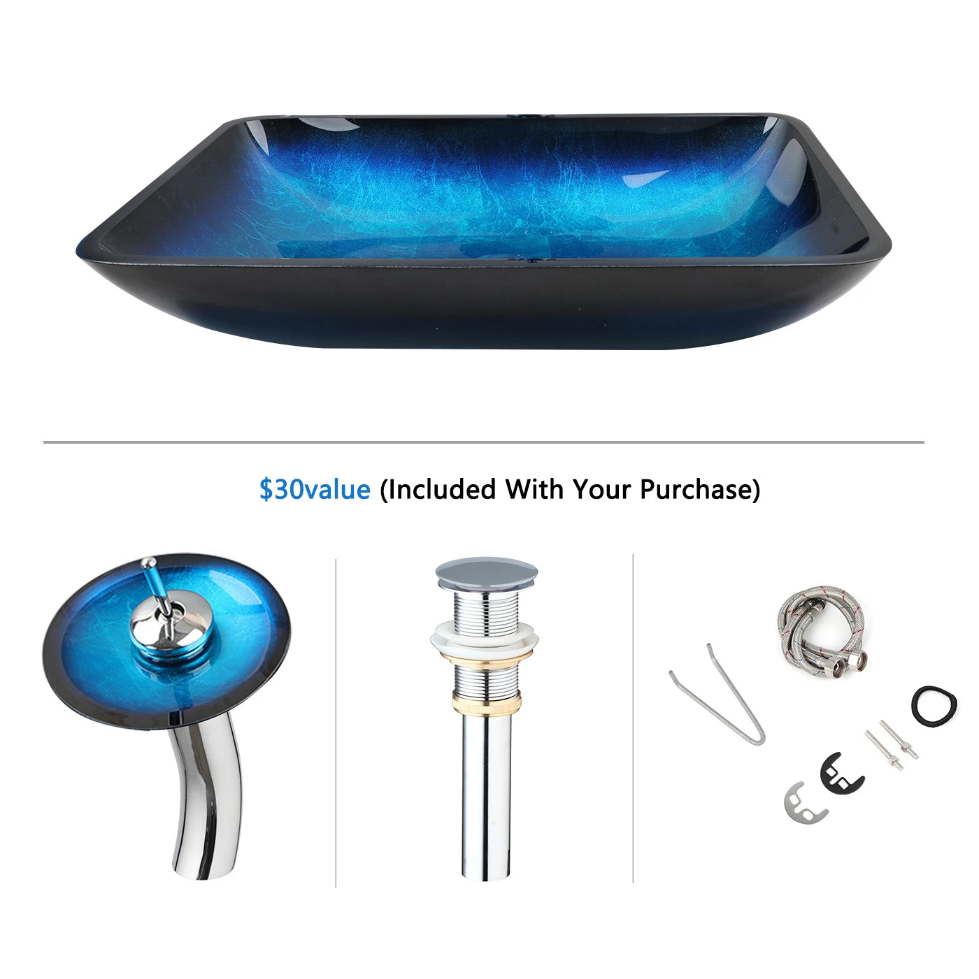 YANKSMART Tempered Glass Basin Sink Washbasin Faucet Set