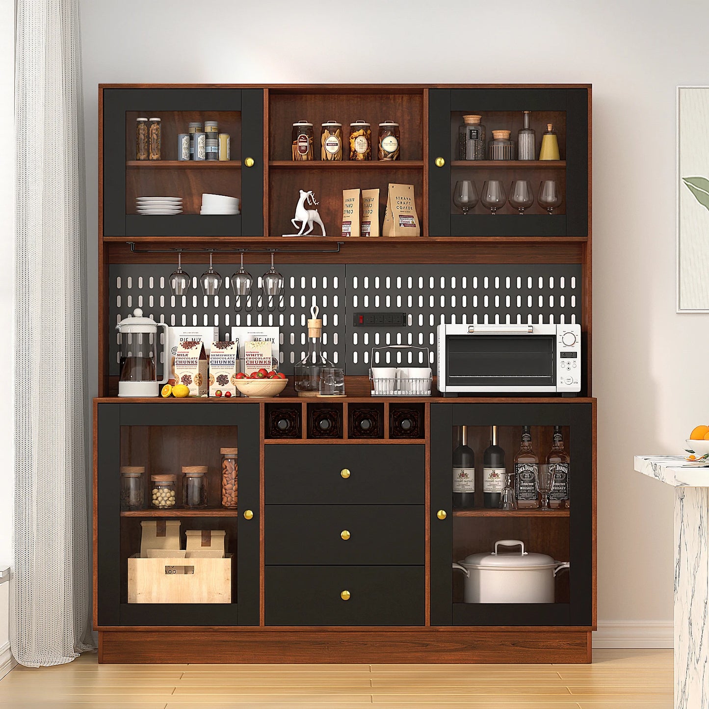 VOWNER Pantry Cabinet Freestanding Kitchen Storage Pegboard Power Outlet