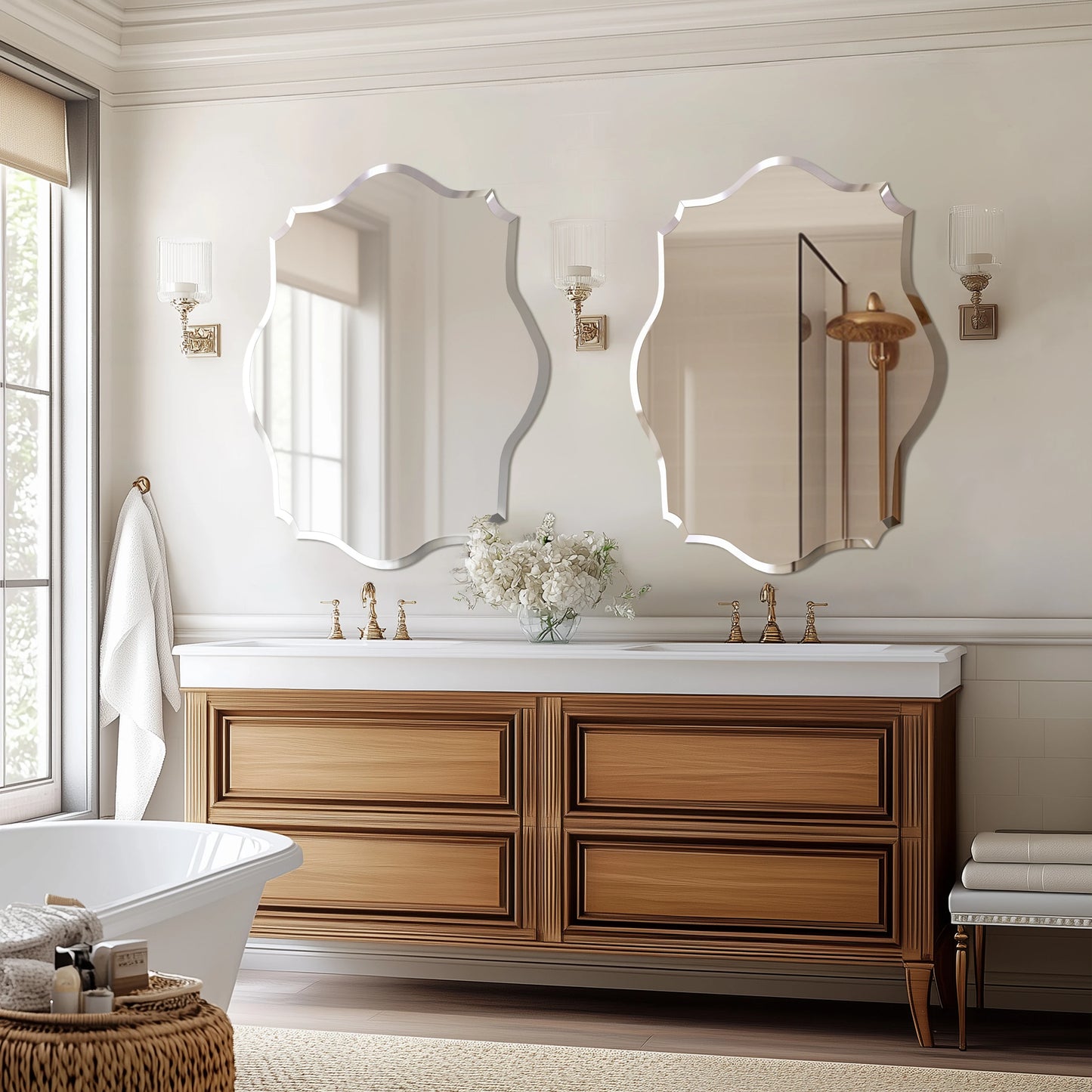 Wisfor Scalloped Frameless Wall Mirror With Beveled Edge For Bathroom
