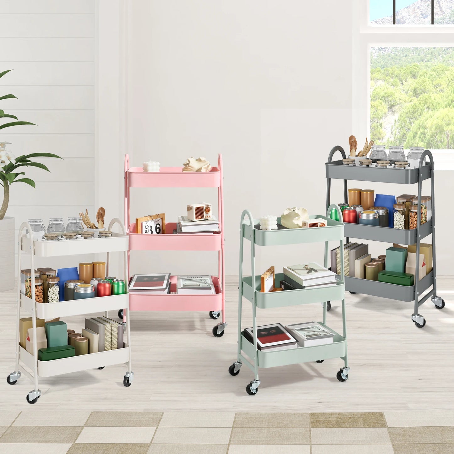 JHK 3 Tier Metal Kitchen Storage Cart With Lockable Wheels