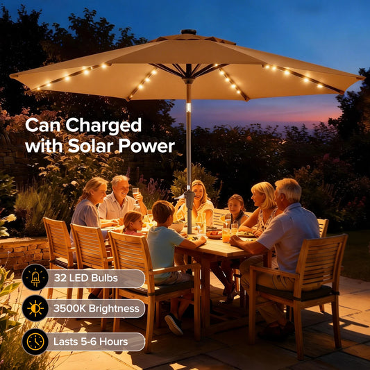 JHK Solar LED Patio Umbrella With Tilt Crank Lights