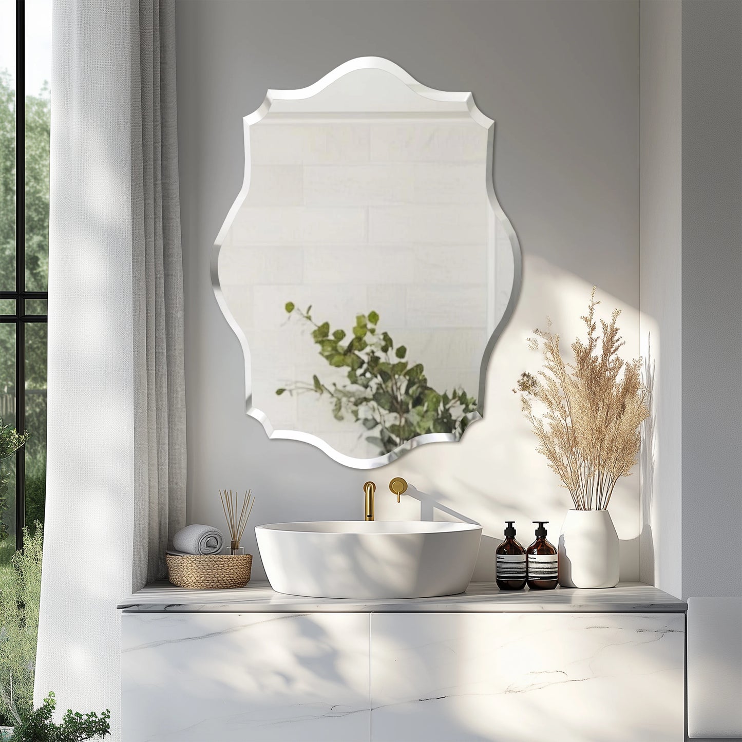 Wisfor Scalloped Frameless Wall Mirror With Beveled Edge For Bathroom